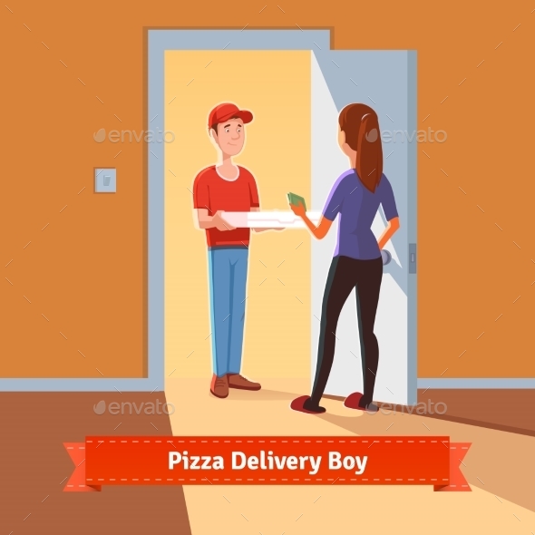 Pizza Delivery Boy Handing Pizza Box To a Girl - Food Objects
