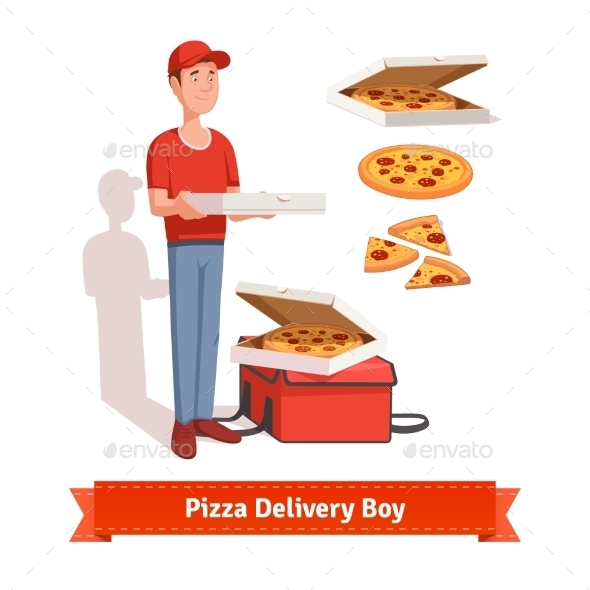 Delivery Boy Holding Pizza Cardboard Box - Food Objects