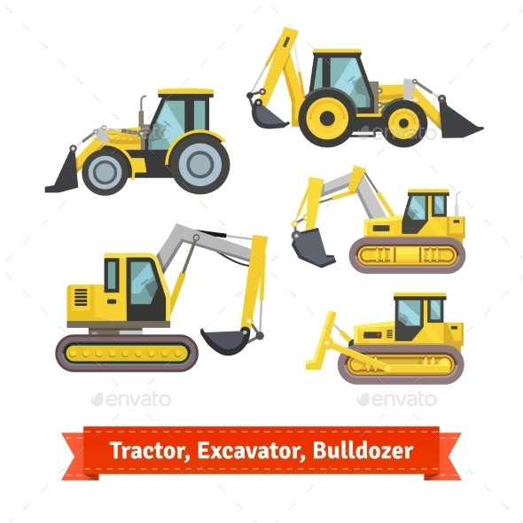 Tractor, Excavator, Bulldozer Set - Objects Vectors