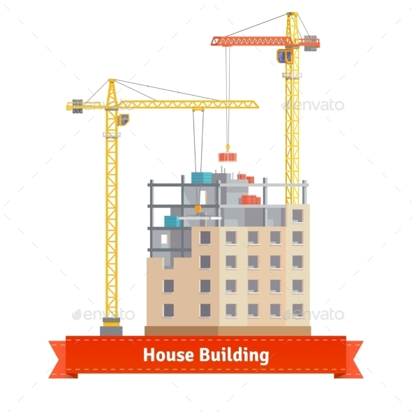 Construction Of Tenement House With Tower Cranes - Buildings Objects