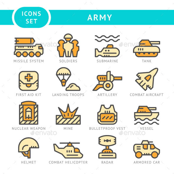 Set Line Icons of Army - Man-made objects Objects