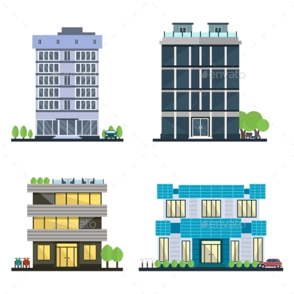 Set Of Vector Modern Business Center With Diverse - Buildings Objects