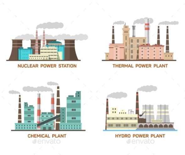 Set Of Vector Industrial Flat Illustration - Buildings Objects