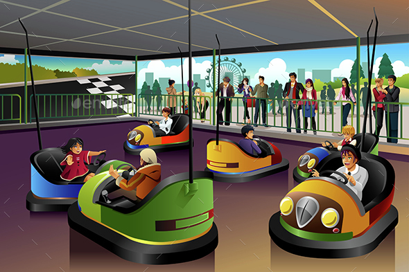Kids Playing Car in a Theme Park - People Characters