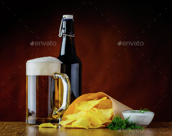 Beer with Paper Bag of Chips and Dip