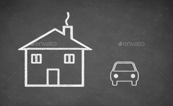 House and car drawing on chalkboard.
