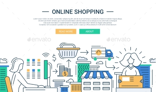 Online Shopping Line Flat Design Banner - Services Commercial / Shopping