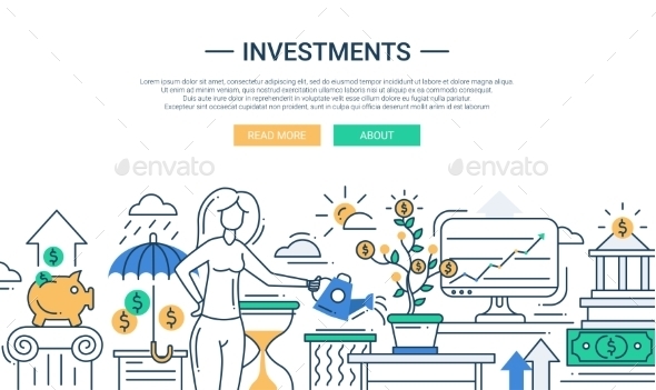 Investments Line Flat Design Banner With Female - Backgrounds Business