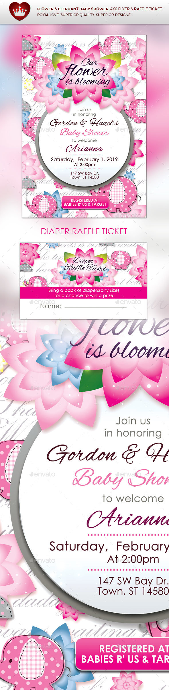 Flower & Elephant Baby Shower Invitation & Diaper Raffle Ticket - Invitations Cards & Invites