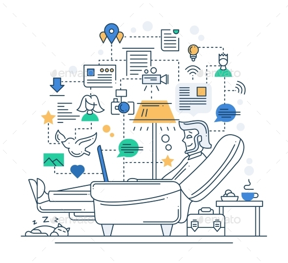 Internet Life Line Flat Design Banner With Man - Web Technology