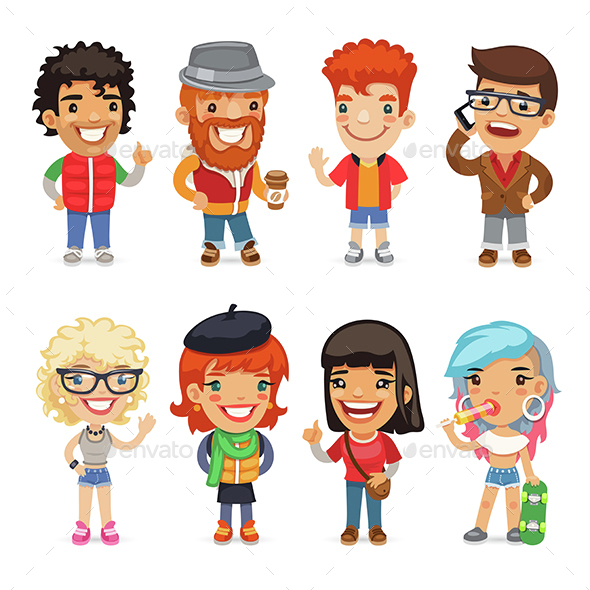 Casually Dressed Cartoon Characters - Characters Vectors