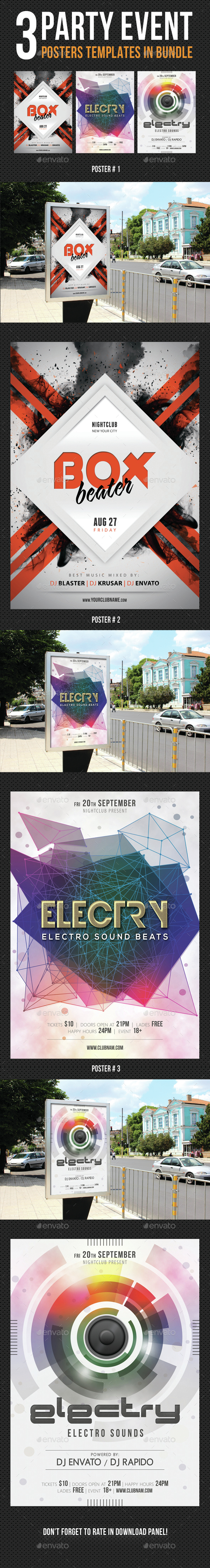 3 Party Event Music Poster Bundle - Signage Print Templates