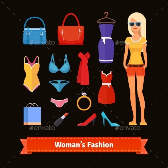 Woman Fashion Colourful Flat Icon Set with Model - People Characters