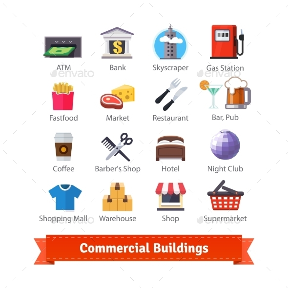Commercial Buildings Colourful Flat Icon Set - Man-made Objects Objects