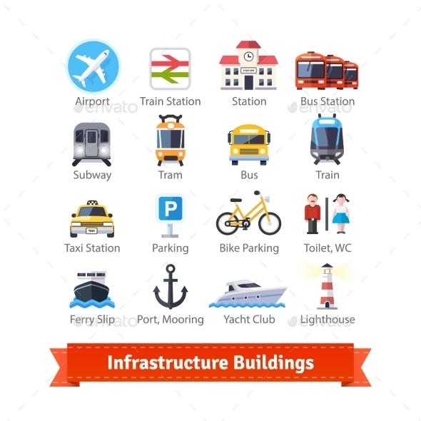 Infrastructure Buildings Flat Icon Set - Industries Business