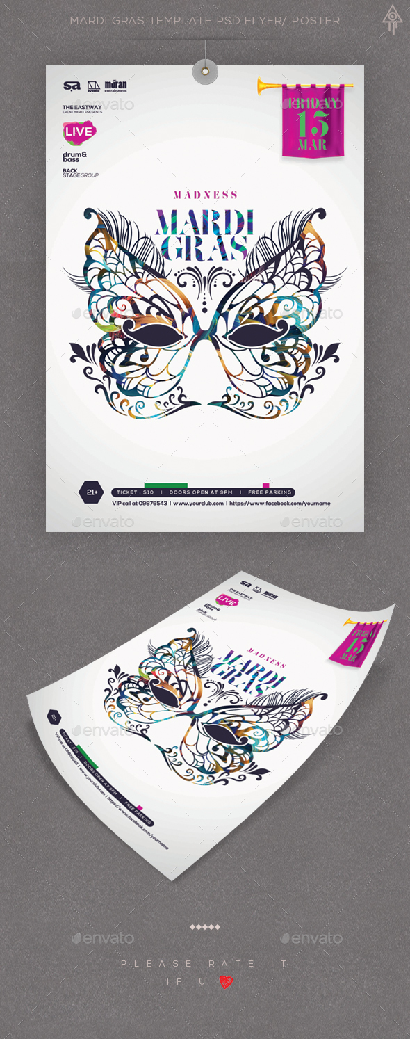 Madness Mardi Gras PSD Template Flyer / Poster - Clubs & Parties Events