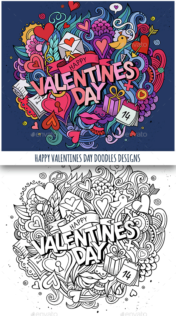 2 Happy Valentines Day Doodles Design - Valentines Seasons/Holidays