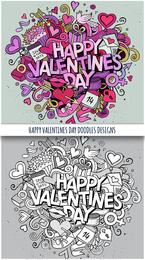 2 Happy Valentines Day Doodles Design - Valentines Seasons/Holidays