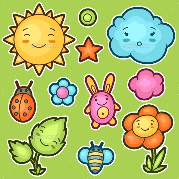 Set of Kawaii Doodles with Different Facial - Miscellaneous Characters