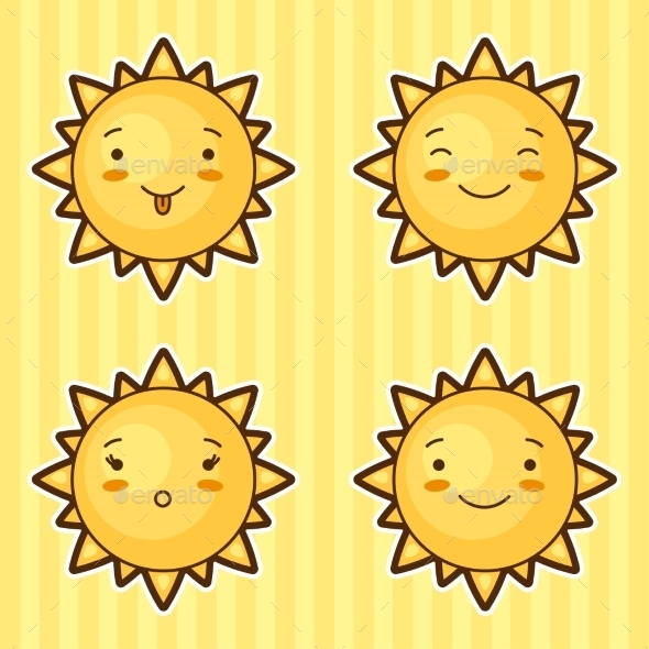Set of Kawaii Suns with Different Faces - Miscellaneous Characters