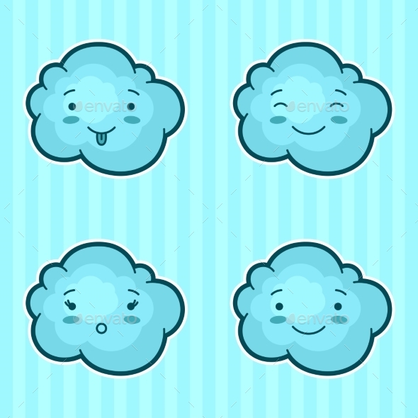Set of Kawaii Clouds with Different Facial - Miscellaneous Characters