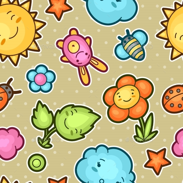 Seamless Kawaii Child Pattern with Doodles - Miscellaneous Characters