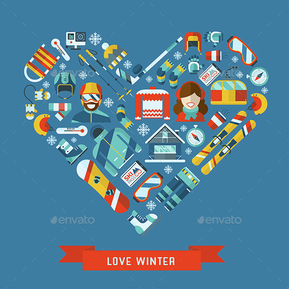 Love Winter Flat Icons Heart Concept - Sports/Activity Conceptual