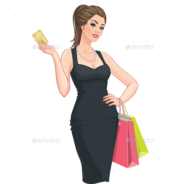 Young Woman with Shopping Bags and Discount Card - People Characters