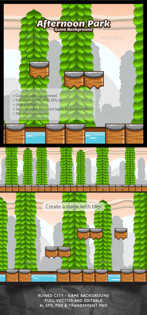 Afternoon Park Game Background with Tiles - Backgrounds Game Assets