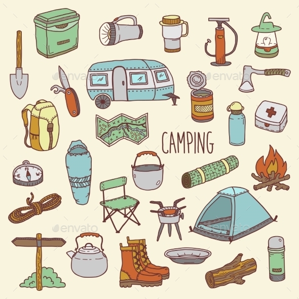 Camping Hand Drawn Colorful Icon Set - Travel Conceptual