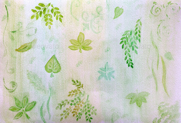Green background with leaves drawn on watercolor paper
