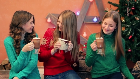 Three Young Girls Drinking Coffee
