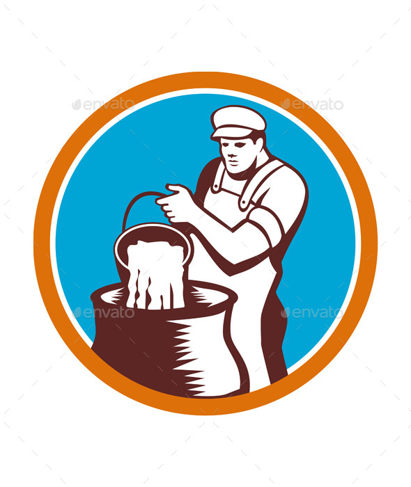 Cheesemaker Pouring Bucket Curd Circle Woodcut - People Characters