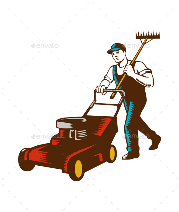 Gardener Lawn Mower Rake Woodcut - People Characters