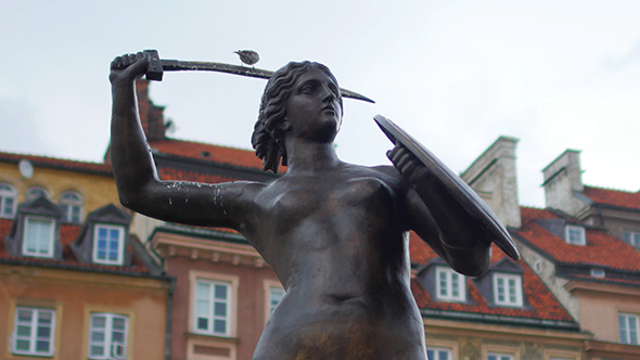 View of Mermeid Sculpture in Warsaw Old Town Square, Poland