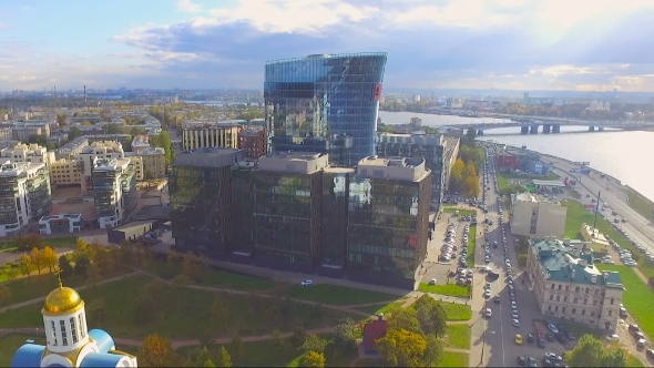 Aerial View Of Business Center Near The River Neva At Sunset