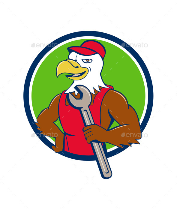 American Bald Eagle Mechanic Spanner Circle Cartoon - Animals Characters