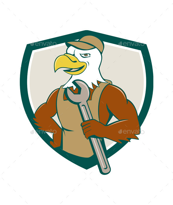 American Bald Eagle Mechanic Spanner Crest Cartoon - Animals Characters