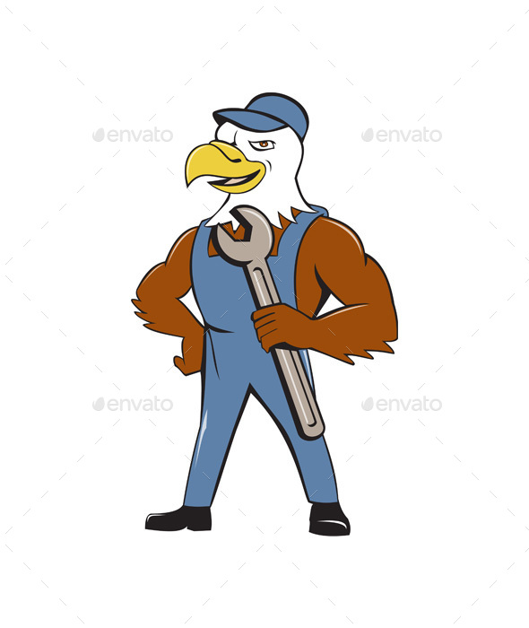 American Bald Eagle Mechanic Spanner Cartoon - Animals Characters