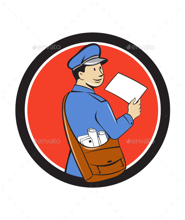Mailman Deliver Letter Circle Cartoon - People Characters
