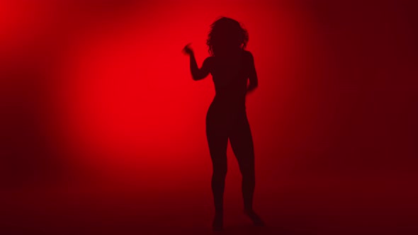 Silhouette Female with Perfect Slim Body Dancing at Night Party Red Studio alt