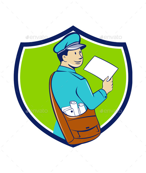 Mailman Deliver Letter Crest Cartoon - People Characters