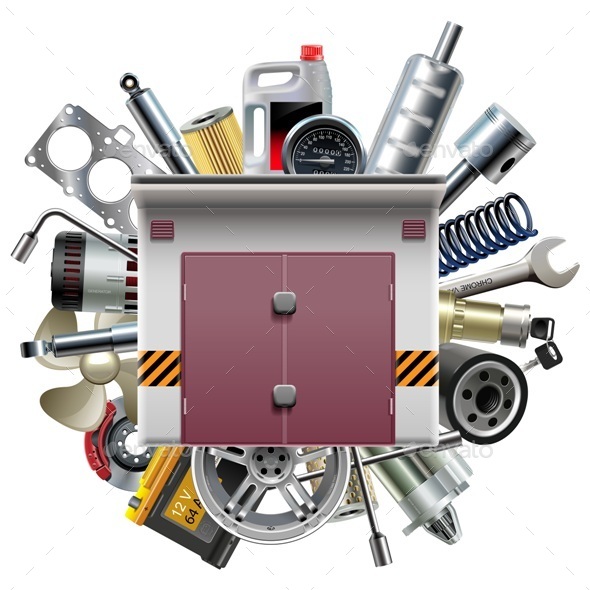 Vector Garage with Car Spares - Industries Business