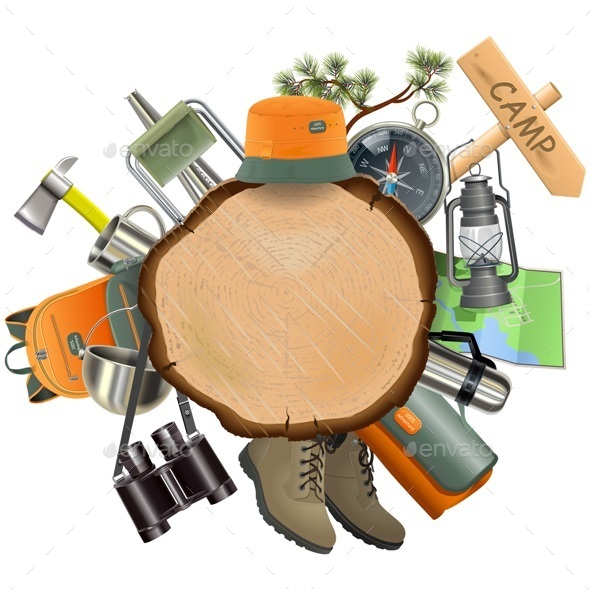 Vector Wooden Board with Camping Accessories - Travel Conceptual