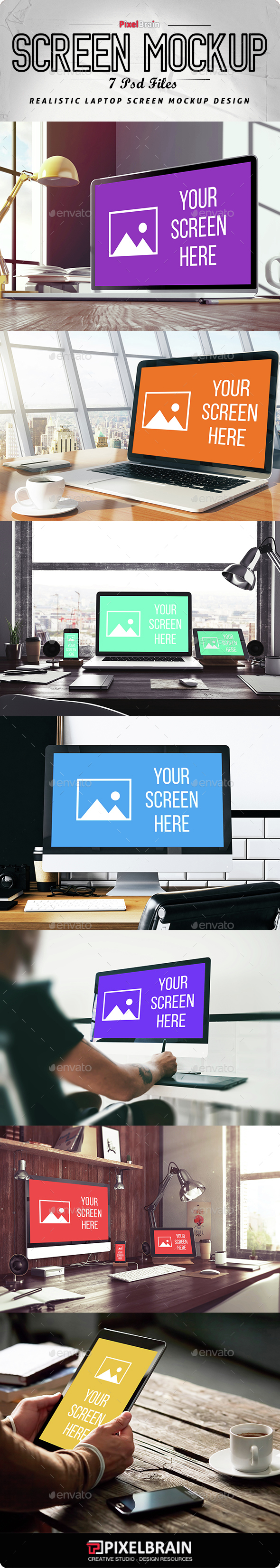 Realistic Laptop Screen Mockup Design - 7 PSD - Displays Product Mock-Ups