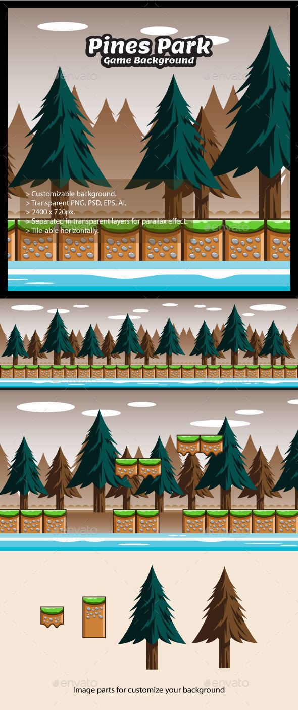 Pines Park Game Background with Tiles - Backgrounds Game Assets