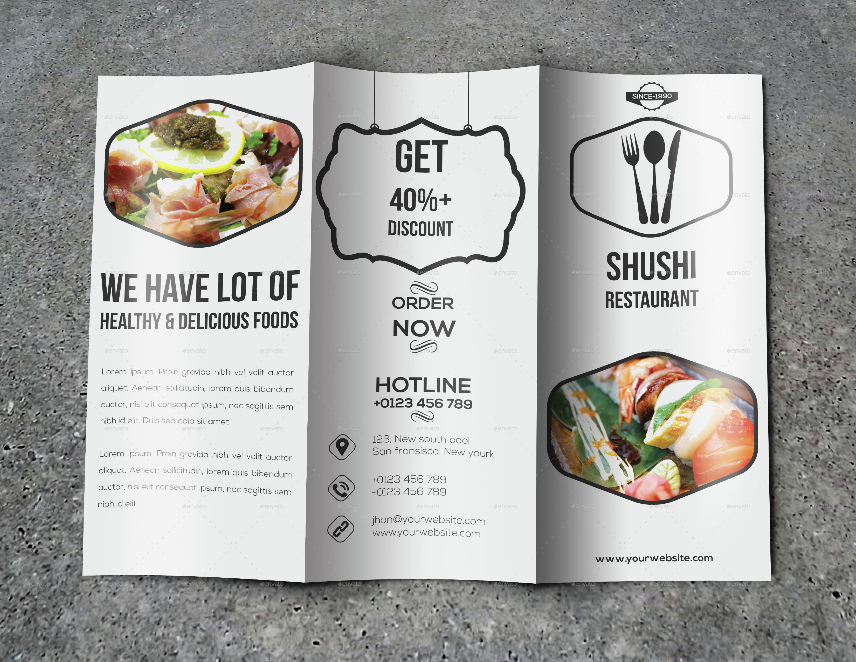 shushi restaurant trifold brochure template by elite three fold menu