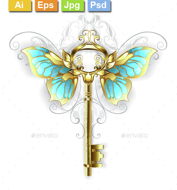 Golden Key with Butterfly Wings - Decorative Symbols Decorative