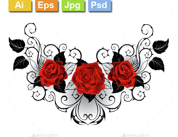 Symmetrical Tattoo of Red Roses - Tattoos Vectors