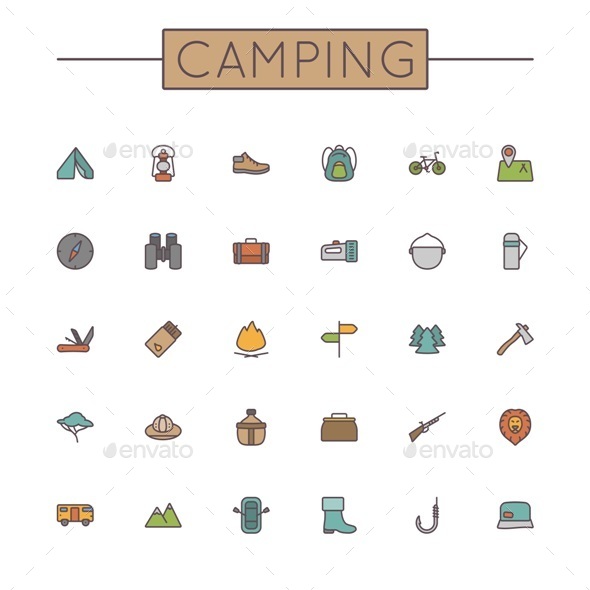 Vector Colored Camping Line Icons - Travel Conceptual